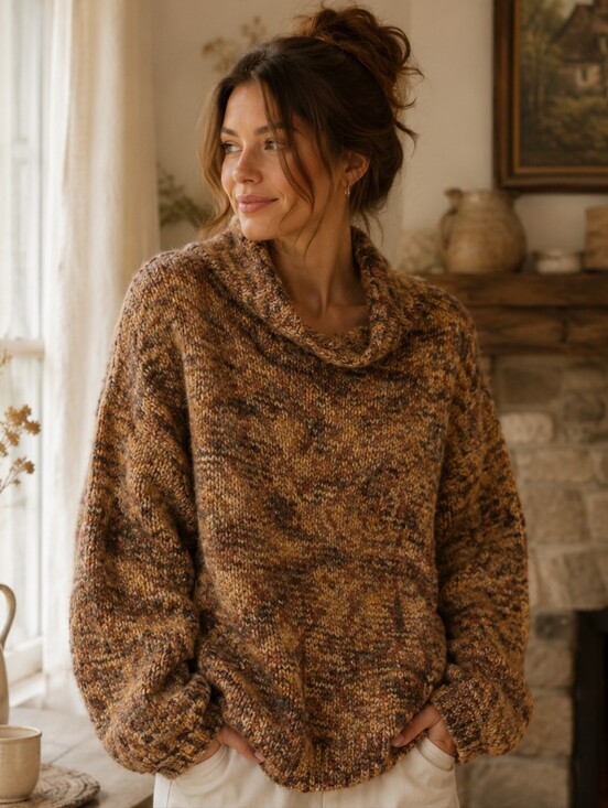 Sweaters - Oversized Marled Cowl Neck Chunky Knit Sweater Brown Cozy Cottagecore L-xl